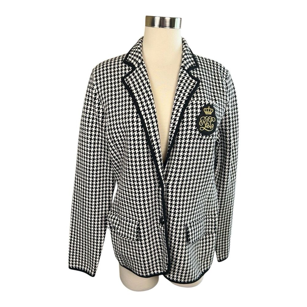 Ralph Lauren Houndstooth Blazer Crest Knitted Black White Sz L